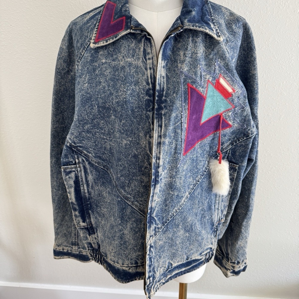 Vtg Pioneer Wear Acid Wash Denim Southwest Zip Jacket Bomber Leather Embroidery